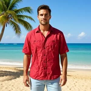 Vintage 100% Silk Red Button Up Shirt Men Size Medium Thin 90s Minimalist Beach